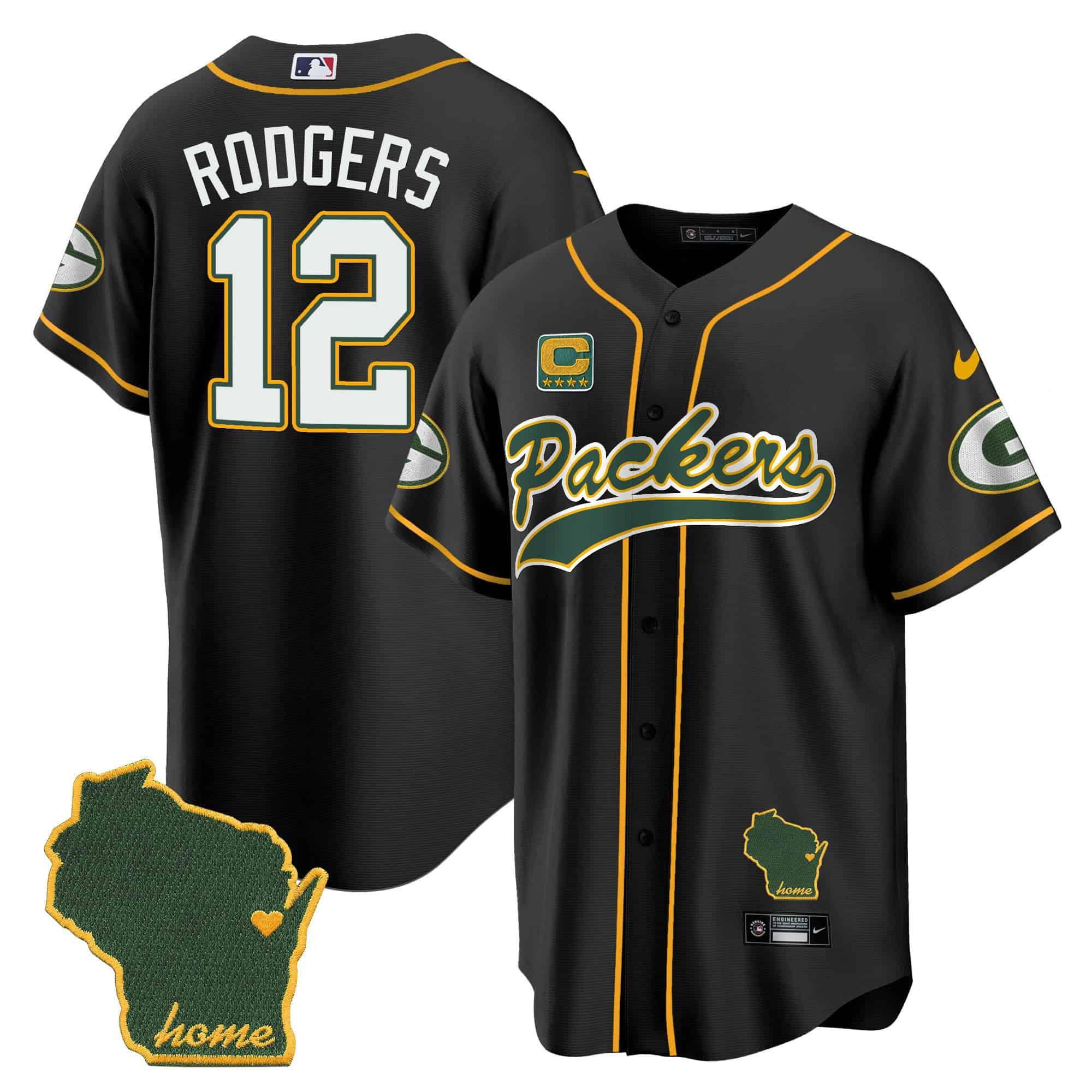 Men Green Bay Packers #12 Rodgers Black 2024 Nike Home Patch Baseball NFL Jersey
